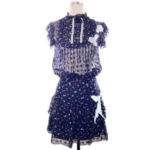 Anna Sui Navy Silk Floral 2 Pieces Top Skirt